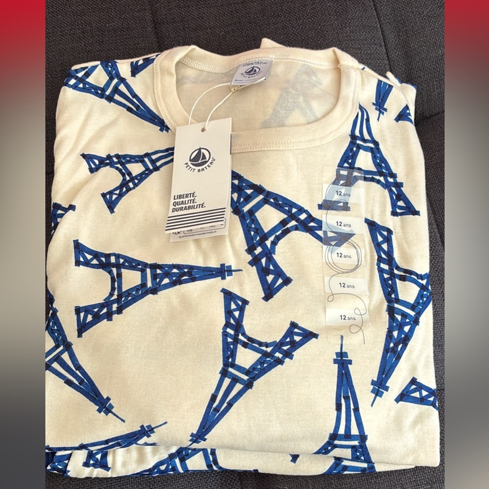 Petit Bateau Cream Tee with Navy Logo Tag